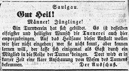 Gründung des heutigen Turn- und Sportvereins unter der Bezeichnung »Männerturngemeinde Saulgau«. 