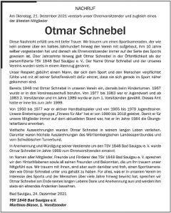 Otmar Schnebel verstarb am 21.12.2021