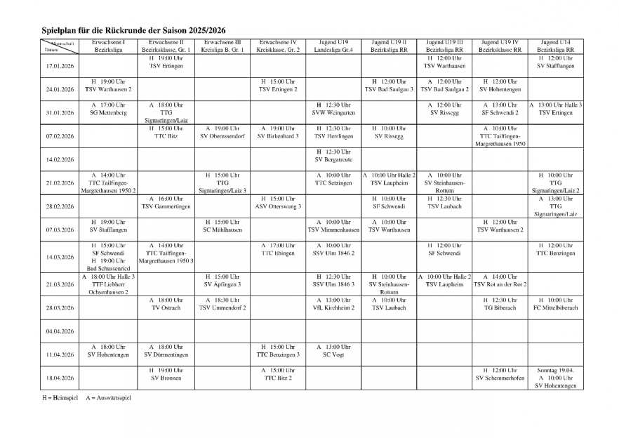 Spielplan TT Rückrunde 2025-2